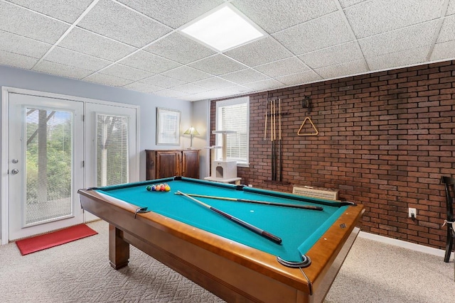 150 Lauren Ln, Franklin, NC 28734 - recreation room featuring brick wall, carpet floors, billiards table, and a paneled ceiling