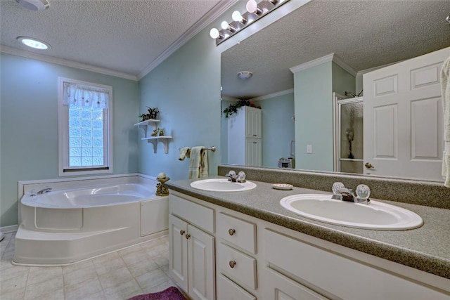 264 Cole Mountain Cir, Highlands, NC 28741 - bathroom with a textured ceiling, a shower stall, a garden tub, double vanity, and tile patterned floors