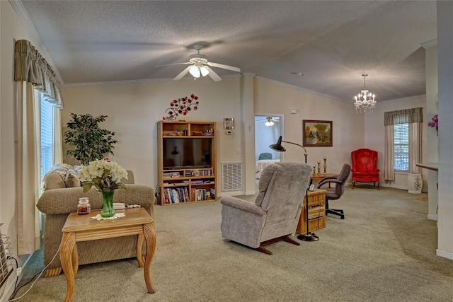 264 Cole Mountain Cir, Highlands, NC 28741 - living room with ceiling fan, carpet floors, a chandelier, a textured ceiling, and crown molding