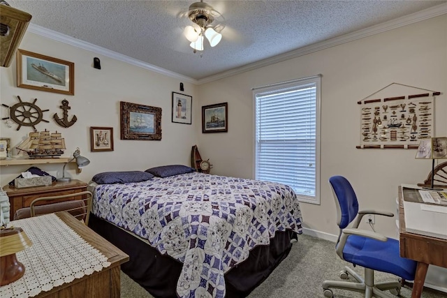 264 Cole Mountain Cir, Highlands, NC 28741 - carpeted bedroom with crown molding, a textured ceiling, multiple windows, and a ceiling fan