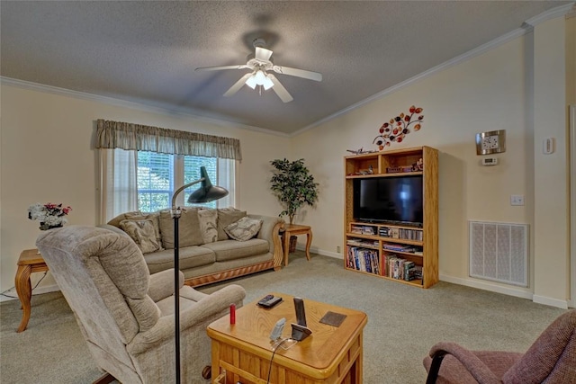 264 Cole Mountain Cir, Highlands, NC 28741 - living area featuring carpet, crown molding, a ceiling fan, and a textured ceiling