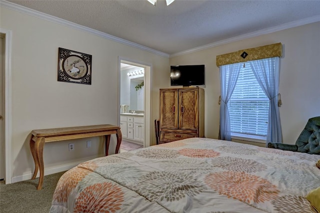 264 Cole Mountain Cir, Highlands, NC 28741 - carpeted bedroom featuring ornamental molding, ensuite bath, and a textured ceiling
