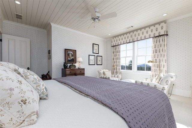 bedroom featuring wood ceiling, visible vents, wallpapered walls, and ornamental molding