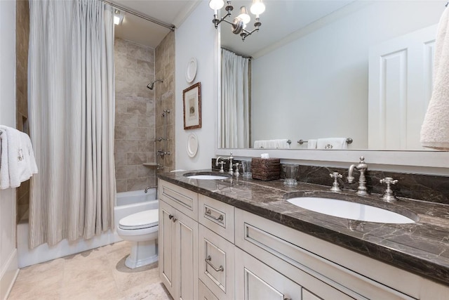 bathroom with shower / bath combination with curtain, ornamental molding, toilet, and a sink