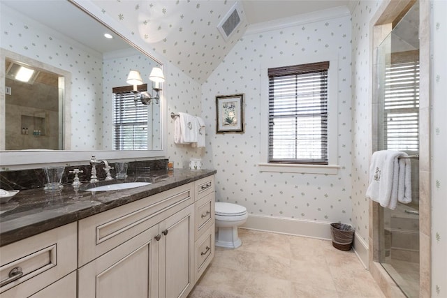 bathroom with visible vents, a shower stall, wallpapered walls, and crown molding