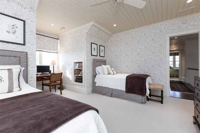 bedroom with ceiling fan, wooden ceiling, crown molding, and wallpapered walls