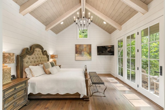 842 N High Mountain Dr, Cashiers, NC 28717 - bedroom with a chandelier, access to outside, hardwood / wood-style floors, multiple windows, and wooden walls