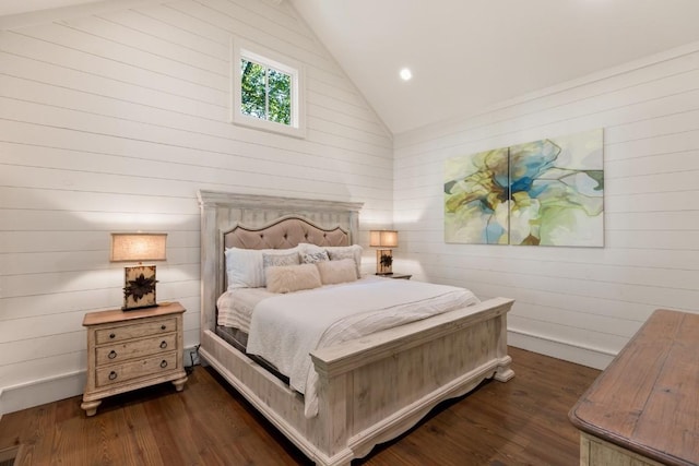 842 N High Mountain Dr, Cashiers, NC 28717 - bedroom with dark wood-type flooring, wood walls, recessed lighting, and high vaulted ceiling