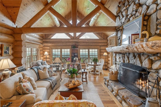 865 Toxaway Dr, Lake Toxaway, NC 28747 - living room featuring log walls, wooden ceiling with exposed beams, light wood-style floors, a stone fireplace, and high vaulted ceiling