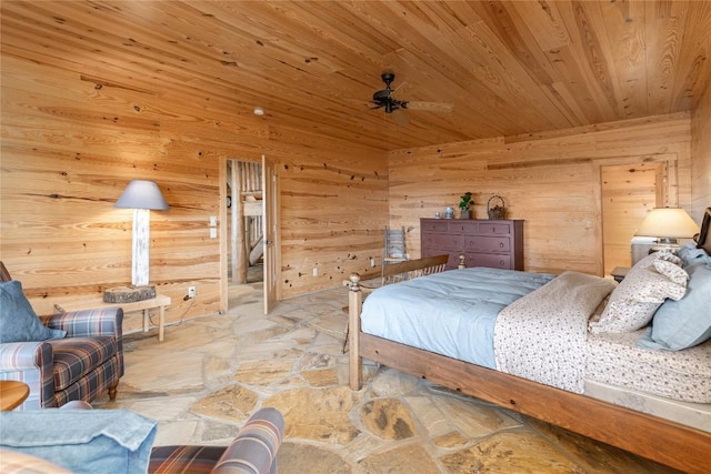 865 Toxaway Dr, Lake Toxaway, NC 28747 - bedroom featuring wooden ceiling, stone flooring, and wood walls