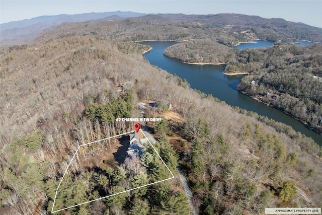 drone / aerial view featuring a view of trees and a water and mountain view