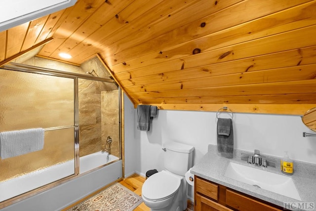 full bathroom with lofted ceiling, combined bath / shower with glass door, vanity, wooden ceiling, and toilet