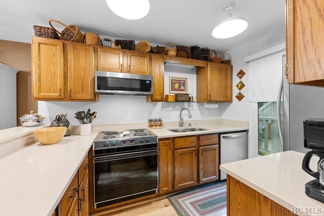 kitchen with sink, light hardwood / wood-style flooring, and appliances with stainless steel finishes