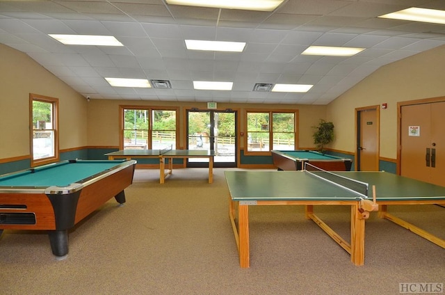 game room featuring light carpet, pool table, and a drop ceiling