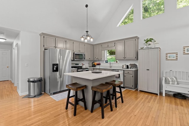 200 Blackberry Trl, Sapphire, NC 28774 - kitchen with appliances with stainless steel finishes, gray cabinets, high vaulted ceiling, light wood-type flooring, and a kitchen island
