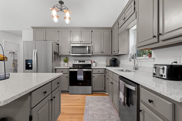 200 Blackberry Trl, Sapphire, NC 28774 - kitchen with gray cabinets, appliances with stainless steel finishes, a chandelier, light wood finished floors, and pendant lighting