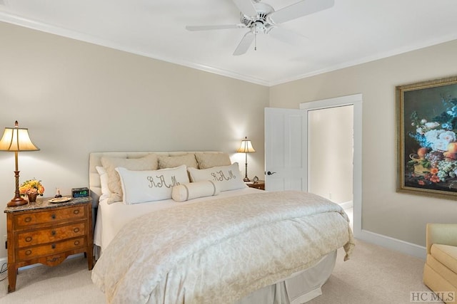 bedroom with ornamental molding, light colored carpet, and ceiling fan