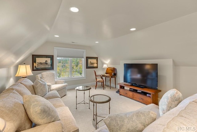 living room with vaulted ceiling and light carpet