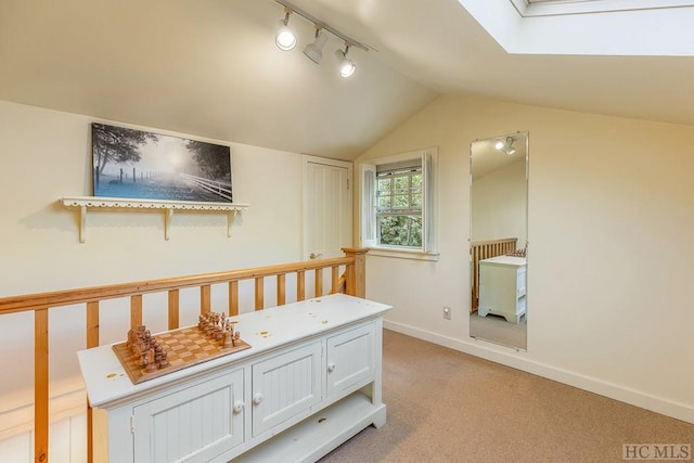 1213 Bull Pen Rd, Cashiers, NC 28717 - bedroom with vaulted ceiling with skylight, track lighting, baseboards, and light carpet