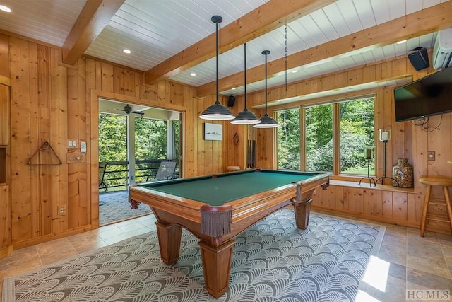 rec room with beam ceiling, billiards, and wood walls