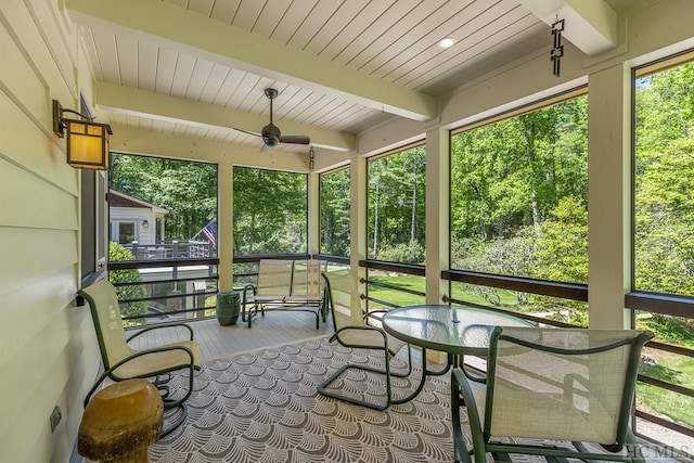 sunroom with beamed ceiling, ceiling fan, and plenty of natural light