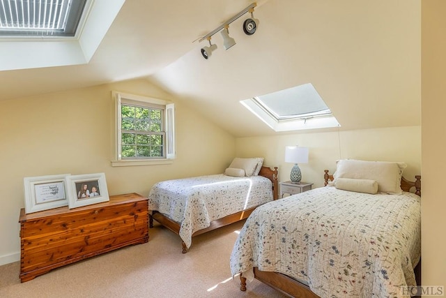 bedroom featuring carpet flooring, vaulted ceiling with skylight, and track lighting