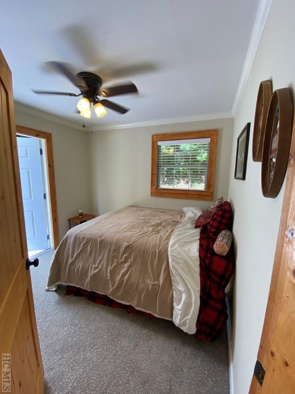 bedroom featuring ceiling fan, ornamental molding, and carpet floors