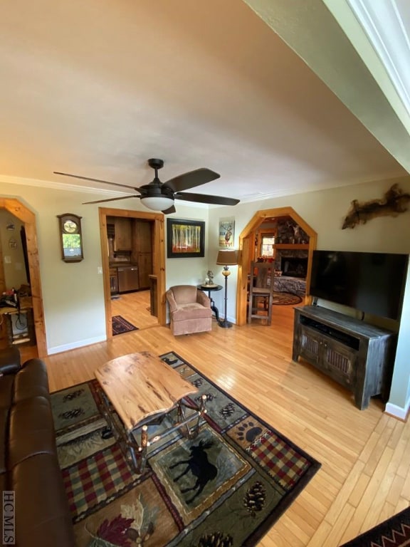 living room with wood-type flooring and ceiling fan