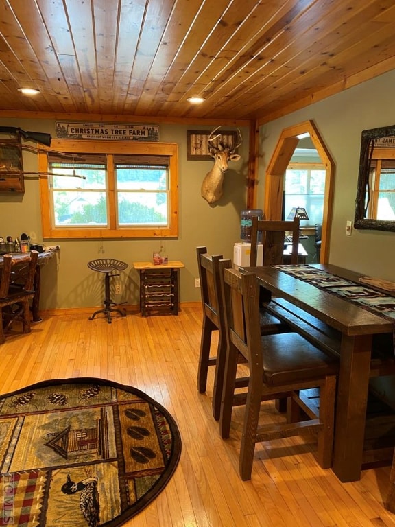 dining room featuring hardwood / wood-style floors and wood ceiling