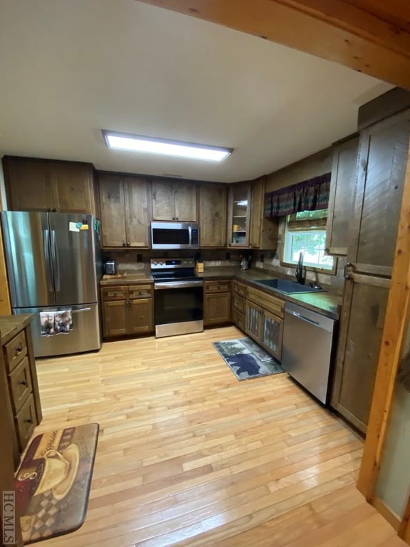 kitchen with dark brown cabinetry, appliances with stainless steel finishes, light hardwood / wood-style floors, and sink