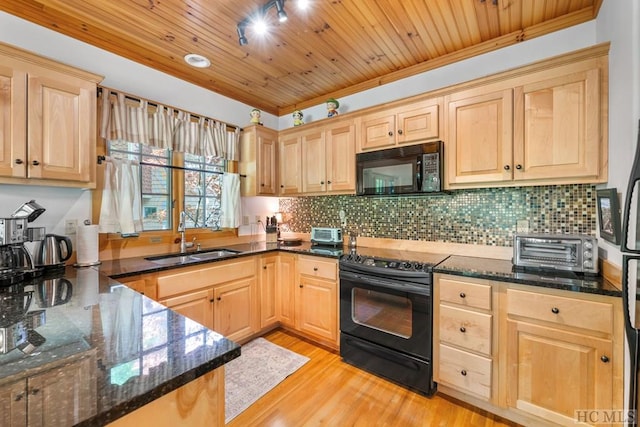 kitchen featuring light brown cabinetry, sink, light hardwood / wood-style floors, black appliances, and wooden ceiling