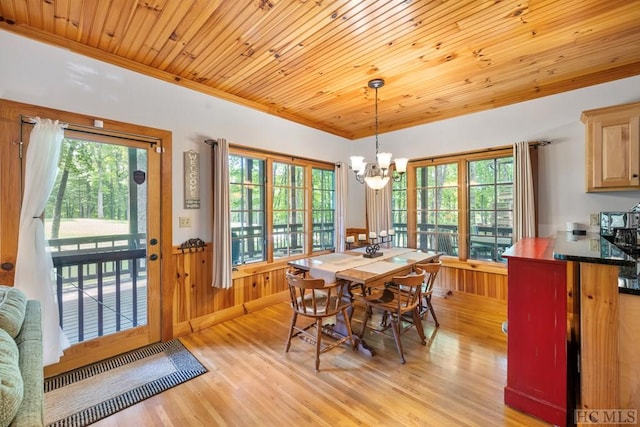 dining room with wood ceiling, ornamental molding, light hardwood / wood-style flooring, and a notable chandelier