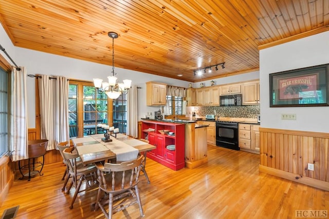 dining area featuring plenty of natural light, track lighting, wooden ceiling, and light wood-type flooring