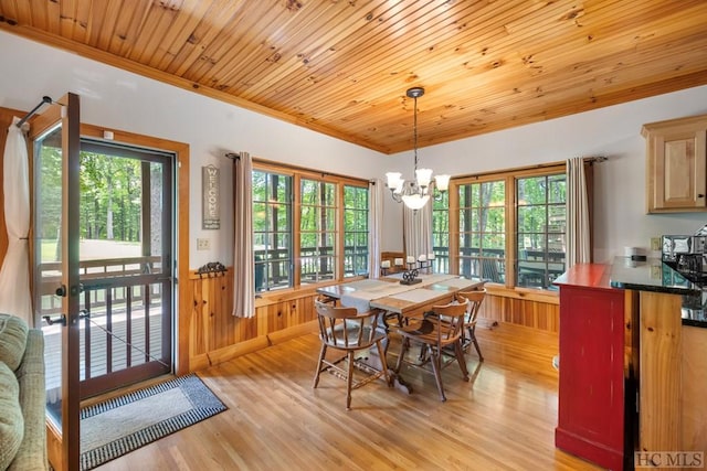 dining room with a healthy amount of sunlight, a chandelier, wood ceiling, and light hardwood / wood-style floors