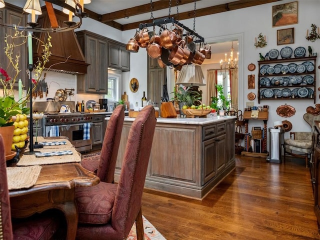 13084 Canada Rd, Tuckasegee, NC 28783 - kitchen featuring high end stove, a chandelier, dark wood-style flooring, light countertops, and healthy amount of natural light