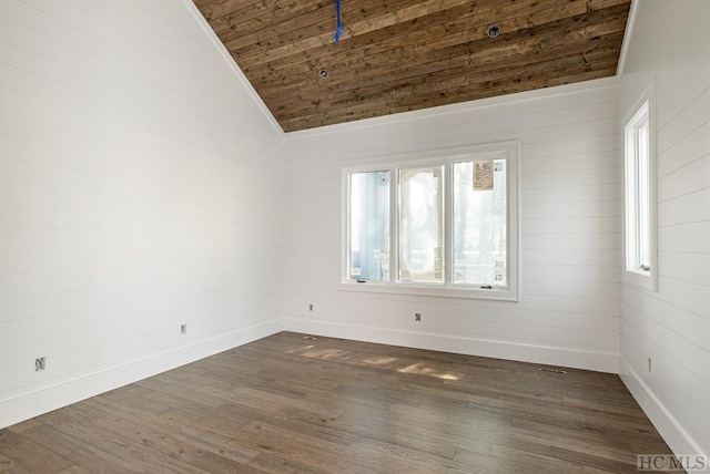 empty room featuring lofted ceiling, a wealth of natural light, wooden ceiling, and dark hardwood / wood-style floors