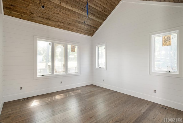 unfurnished room featuring vaulted ceiling, dark hardwood / wood-style floors, and wood ceiling