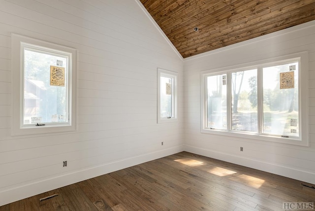 spare room with dark hardwood / wood-style floors, lofted ceiling, a healthy amount of sunlight, and wood ceiling