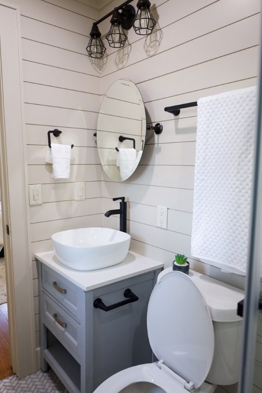 94 Breezy Knob Rd, Franklin, NC 28734 - bathroom with vanity, wood walls, and toilet