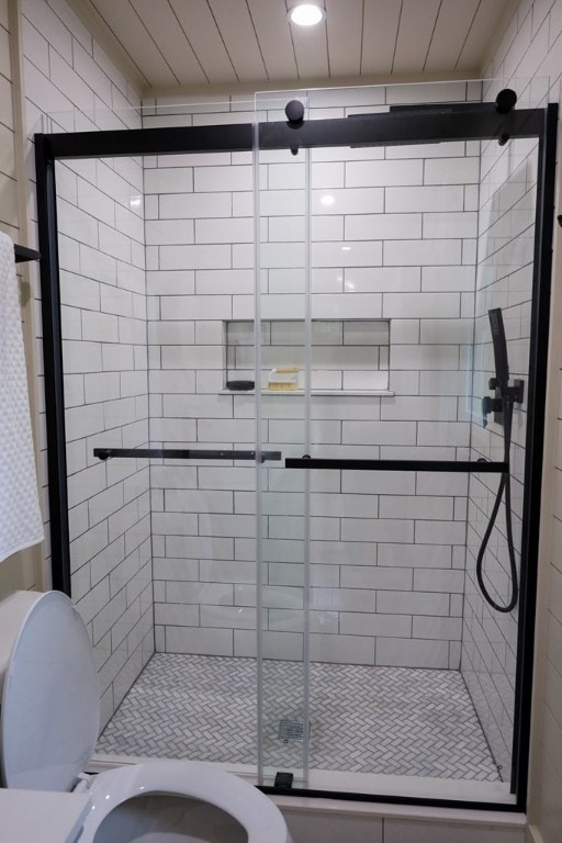 94 Breezy Knob Rd, Franklin, NC 28734 - full bathroom featuring toilet, a stall shower, and recessed lighting