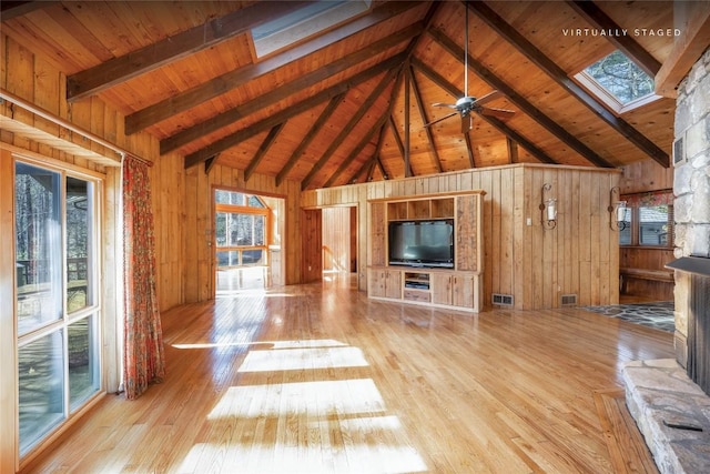 334 Back Nine Ln, Sapphire, NC 28774 - unfurnished living room with a skylight, wood walls, light wood-type flooring, high vaulted ceiling, and a wood ceiling with exposed beams