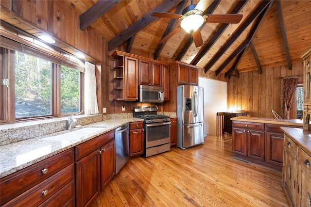 334 Back Nine Ln, Sapphire, NC 28774 - kitchen with appliances with stainless steel finishes, healthy amount of natural light, light wood finished floors, wooden ceiling, and wood walls