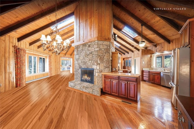 334 Back Nine Ln, Sapphire, NC 28774 - living area featuring light wood finished floors, a wooden ceiling with exposed beams, a chandelier, a stone fireplace, and wooden walls