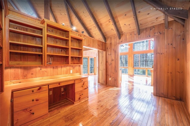 334 Back Nine Ln, Sapphire, NC 28774 - unfurnished office with wood ceiling, light wood-style floors, wood walls, and built in desk