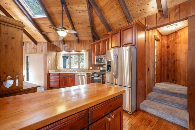 334 Back Nine Ln, Sapphire, NC 28774 - kitchen featuring appliances with stainless steel finishes, wooden counters, wooden ceiling, wood walls, and light wood-style flooring