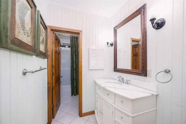 334 Back Nine Ln, Sapphire, NC 28774 - bathroom featuring vanity, tile patterned flooring, and wooden walls