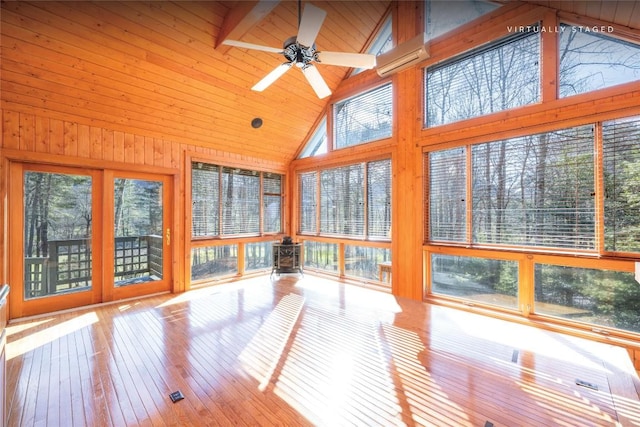 334 Back Nine Ln, Sapphire, NC 28774 - unfurnished sunroom featuring a wood stove, high vaulted ceiling, wood-type flooring, wood walls, and wooden ceiling