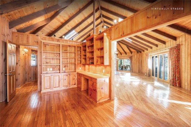 334 Back Nine Ln, Sapphire, NC 28774 - kitchen with open shelves, wood walls, plenty of natural light, hardwood / wood-style floors, and a wood ceiling with exposed beams