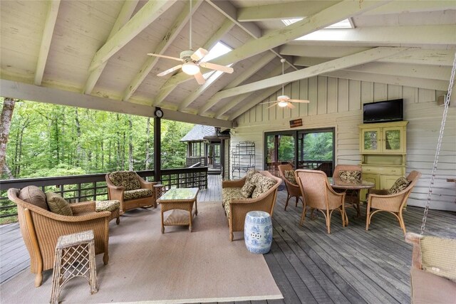 334 Back Nine Ln, Sapphire, NC 28774 - wooden deck with a ceiling fan, an outdoor living space, and outdoor dining space