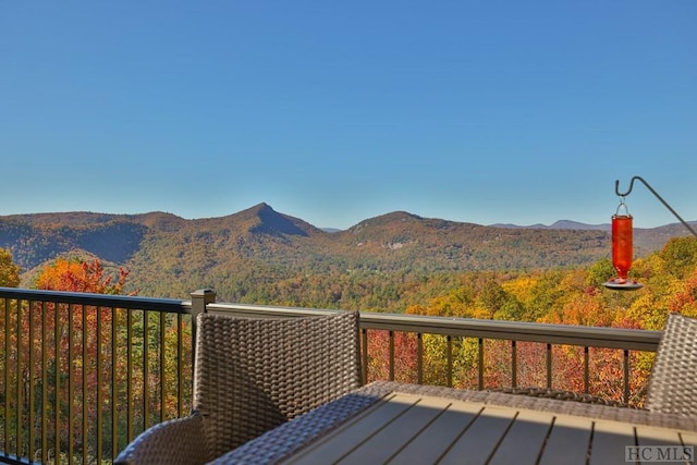 wooden deck with a mountain view